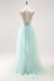 Vestido largo de fiesta con corsé de lentejuelas halter verde claro brillante con cuentas