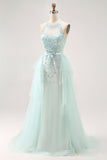 Vestido largo de fiesta con corsé de lentejuelas halter verde claro brillante con cuentas