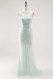 Vestido largo de fiesta con corsé de lentejuelas halter verde claro brillante con cuentas