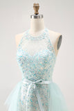 Vestido largo de fiesta con corsé de lentejuelas halter verde claro brillante con cuentas