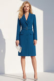 Vestido Blazer con Solapa de Pico de Botonadura Sencilla y Cinturón Azul Oscuro