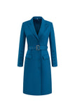 Vestido Blazer con Solapa de Pico de Botonadura Sencilla y Cinturón Azul Oscuro