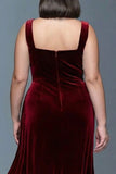 Vestido formal largo de talla grande de terciopelo burdeos con franzca larga y talla grande