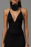 Vestido Formal Largo con Cuello en V y Encaje