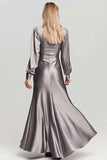 Vestido Formal Largo con Cuello en V de Satén Fruncido Gris