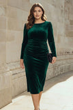 Vestido de trabajo midi fruncido de terciopelo verde oscuro de talla grande con manga larga
