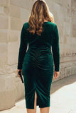 Vestido de trabajo midi fruncido de terciopelo verde oscuro de talla grande con manga larga