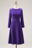 Vestido de trabajo de manga larga con escote barco y línea A morado