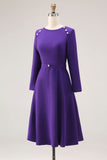 Vestido de trabajo de manga larga con escote barco y línea A morado