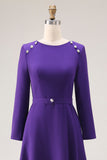 Vestido de trabajo de manga larga con escote barco y línea A morado