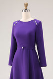 Vestido de trabajo de manga larga con escote barco y línea A morado