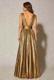 Vestido formal plisado en línea A metálico dorado