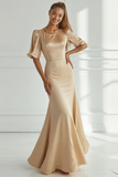 Vestido Formal Largo de Satén de Sirena Champagne con Mangas Cortas