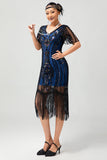 Vestido de lentejuelas azules negras con flecos y cuello redondo de la década de 1920 con conjunto de accesorios de 5 piezas