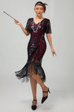 Vestido flapper de lentejuelas con flecos de albaricoque de los años 20 con mangas cortas