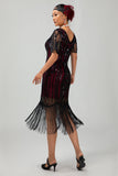 Vestido flapper de lentejuelas con flecos de albaricoque de los años 20 con mangas cortas
