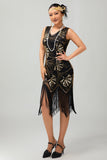 Vestido ajustado con solapas y lentejuelas rojas doradas de los años 1920 con borlas