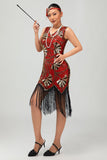 Vestido ajustado con solapas y lentejuelas rojas doradas de los años 1920 con borlas