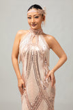Vestido halter de lentejuelas champán de la década de 1920 con conjunto de accesorios de 5 piezas