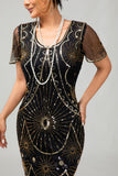 Vestido ajustado con flecos dorados y cuentas de la década de 1920