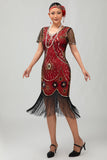Vestido de lentejuelas con flecos y cuello redondo negro rojo de los años 20 con conjunto de accesorios de 5 piezas