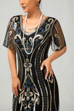Vestido ajustado de lentejuelas doradas negras de la década de 1920 con conjunto de accesorios de 5 piezas