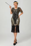 Vestido flapper ajustado de lentejuelas doradas negras de los años 20 con borlas