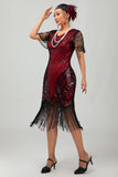Conjunto de vestido negro rojo con lentejuelas con flecos de la década de 1920 con accesorios