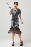 Vestido corto corto con flecos y flecos negro rojo brillante de los años 20 con flecos