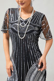 Vestido de flecos con cuello en V de lentejuelas plateadas negras de la década de 1920 con conjunto de accesorios de 5 piezas