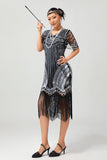 Vestido de flecos con cuello en V de lentejuelas plateadas negras de la década de 1920 con conjunto de accesorios de 5 piezas
