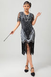 Vestido de flecos con cuello en V de lentejuelas plateadas negras de la década de 1920 con conjunto de accesorios de 5 piezas