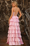 Vestido largo de graduación con recorte de cuentas y corte de bolas rosa rosa con volantes A