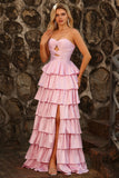 Vestido largo de graduación con recorte de cuentas y corte de bolas rosa rosa con volantes A