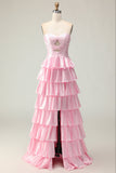 Vestido largo de fiesta con volantes y cuentas rosas Sweetheart A Line