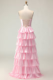Vestido largo de fiesta con volantes y cuentas rosas Sweetheart A Line