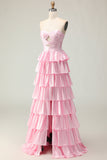 Vestido largo de fiesta con volantes y cuentas rosas Sweetheart A Line