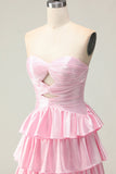 Vestido largo de fiesta con volantes y cuentas rosas Sweetheart A Line