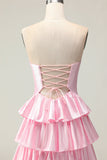 Vestido largo de fiesta con volantes y cuentas rosas Sweetheart A Line