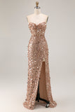 Vestido largo de fiesta de sirena con corsé sin tirantes plateado brillante con abertura