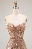 Vestido largo de fiesta de sirena con corsé sin tirantes plateado brillante con abertura