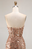 Vestido largo de fiesta de sirena con corsé sin tirantes plateado brillante con abertura