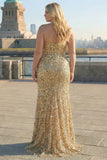 Vestido de graduación largo de talla grande y brillante sin tirantes sin tirantes dorados