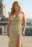 Vestido de graduación largo de talla grande y brillante sin tirantes sin tirantes dorados