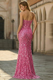 Vestido largo de graduación rosa brillante, sin tirantes y lentejuelas, con abertura