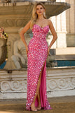 Vestido largo de graduación rosa brillante, sin tirantes y lentejuelas, con abertura