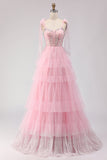 Corsé rosa Línea A, vestido largo de graduación con volantes y cuentas y encaje en la espalda
