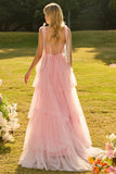 Vestido largo de graduación rosa con volantes y corsé con cuentas, encaje en la espalda