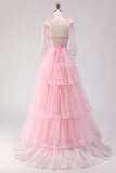 Corsé rosa Línea A, vestido largo de graduación con volantes y cuentas y encaje en la espalda