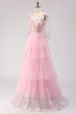 Corsé rosa Línea A, vestido largo de graduación con volantes y cuentas y encaje en la espalda